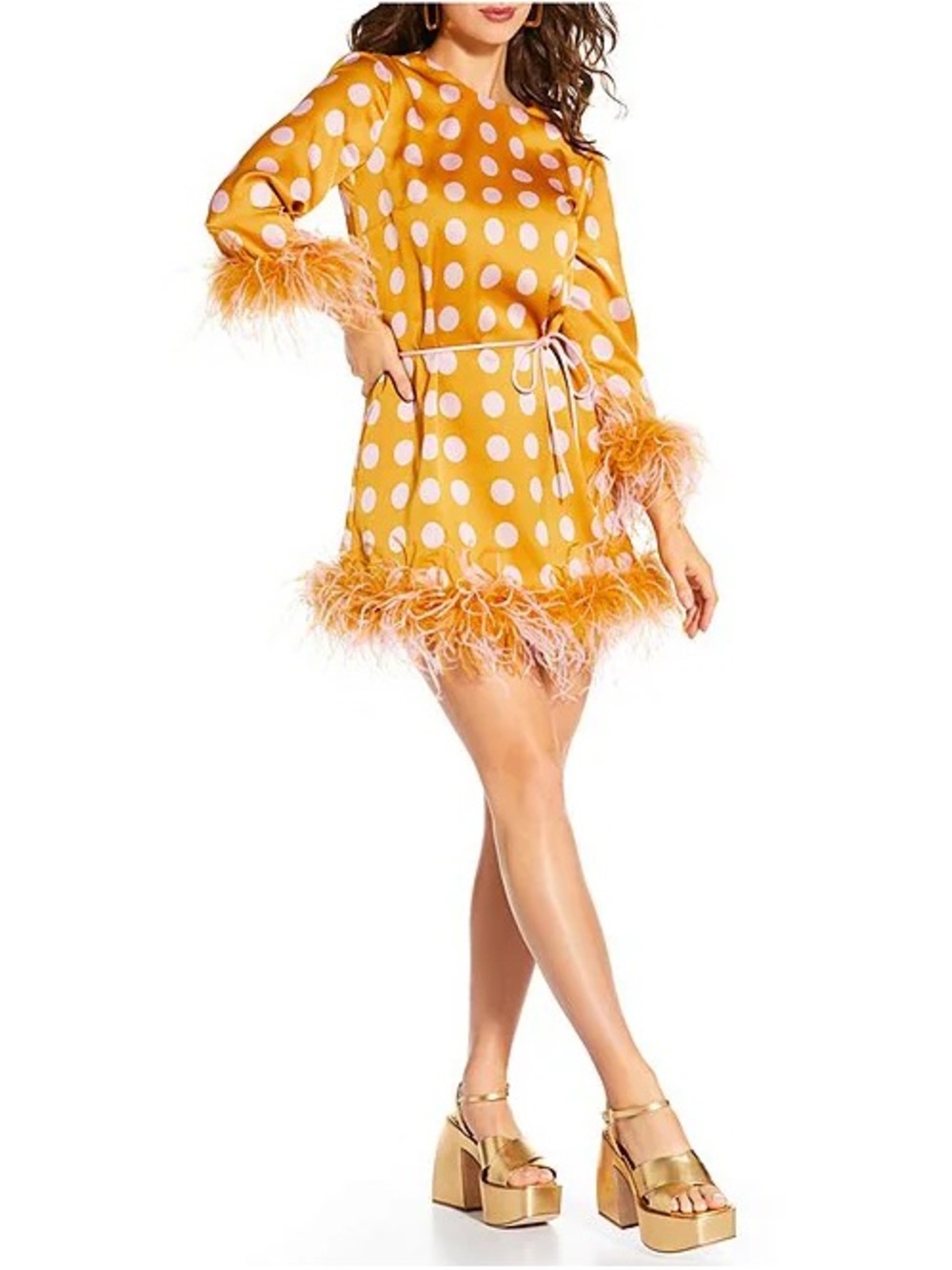 ANTONIO MELANI Polka Dot Feather-Trim Long Sleeve Mini Dress